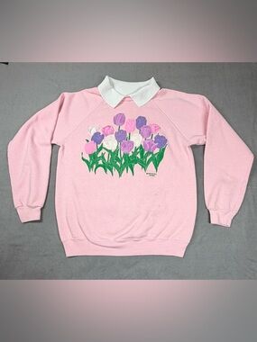 Vintage Morning Sun Pink Tulip Sweatshirt with White Collar